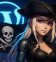 Cyberpunkowa piratka z blond włosami i fioletowymi oczami trzymająca flagę z czaszką, na tle neonowego logo WordPressa i futurystycznego miasta