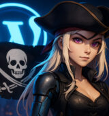 Cyberpunkowa piratka z blond włosami i fioletowymi oczami trzymająca flagę z czaszką, na tle neonowego logo WordPressa i futurystycznego miasta