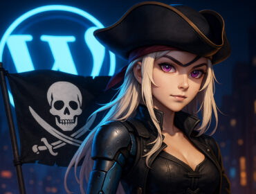 Cyberpunkowa piratka z blond włosami i fioletowymi oczami trzymająca flagę z czaszką, na tle neonowego logo WordPressa i futurystycznego miasta