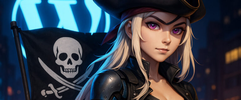 Cyberpunkowa piratka z blond włosami i fioletowymi oczami trzymająca flagę z czaszką, na tle neonowego logo WordPressa i futurystycznego miasta