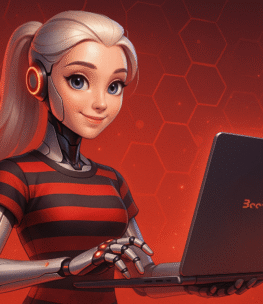 Nowoczesna androidka w stylu anime przy laptopie, pracująca nad stroną internetową, cybernetyczne detale, czerwone tło z sześciokątami, czarno-czerwony t-shirt, obsługa i administracja stron www