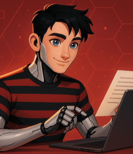 Futurystyczny android mężczyzna pracujący nad dokumentacją stron internetowych na laptopie, cyberpunkowy styl, czerwone tło z sześciokątami, czarno-czerwona koszulka, obsługa stron WWW