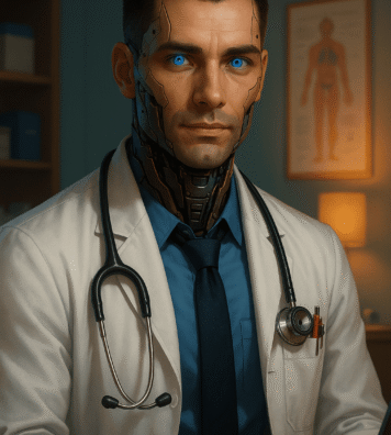 Strony www dla medycyny Poważny android-lekarz z cybernetycznymi implantami, krótkimi ciemnymi włosami i błyszczącymi niebieskimi oczami, ubrany w biały fartuch, niebieską koszulę i krawat, patrzy prosto w obiektyw na tle futurystycznego gabinetu lekarskiego.