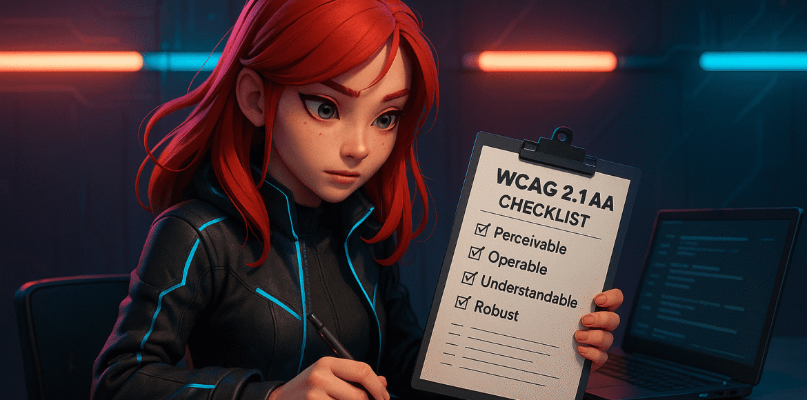 wcag Młoda kobieta z czerwonymi włosami trzyma checklistę WCAG 2.1 AA i zaznacza punkty przy laptopie w cyberpunkowym wnętrzu.