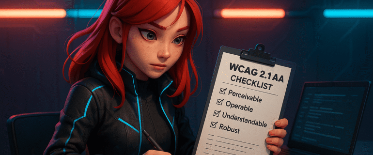 Młoda kobieta z czerwonymi włosami trzyma checklistę WCAG 2.1 AA i zaznacza punkty przy laptopie w cyberpunkowym wnętrzu.